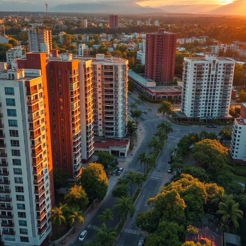 Vista aérea do bairro Batel em Curitiba ao entardecer, com luz âmbar sobre edifícios modernistas