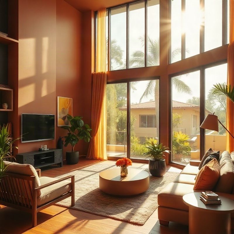 Sala de estar de apartamento de alto padrão em Curitiba com luz âmbar de fim de tarde