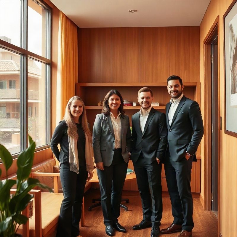 Equipe da Mountainjournalx em escritório moderno em Curitiba, com iluminação âmbar natural